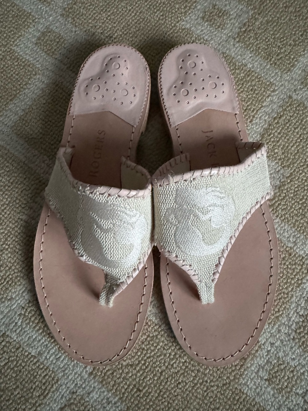 Jack Rogers Spartina Mermaid Thong Flip Flop Sandals Pink Ivory Leather Linen 9 - Picture 8 of 14